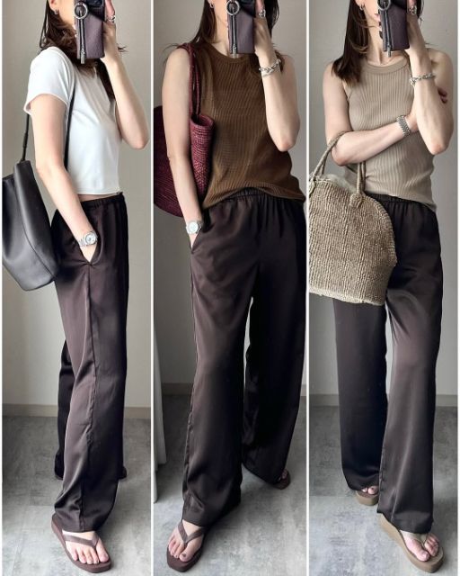 UNIQLOのサテンイージーパンツを着たコーデ3体