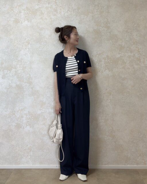 着回しコーデ②タックワイドパンツでキレイめマリンコーデ