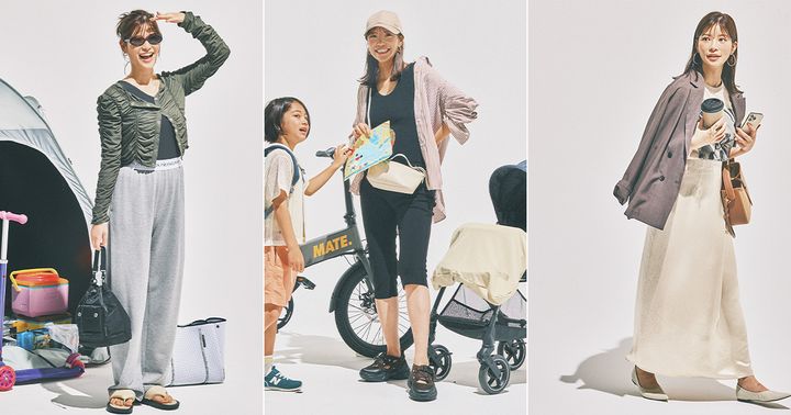 ワンショルダーのタンクトップとグレーのスウェットパンツにシャーリングデザインのカーキのカーディガンを着た咲和希さんと自転車とベビーカーの前に立っている黒タンクと膝下レギンスにストライプ柄のUVシャツを羽織ってキャップやスニーカーサンダルを合わせたママと男の子とフォトTシャツとツヤ感のあるロングスカートにロペピクニックのジャケットを肩掛けしたお仕事ママコーデ