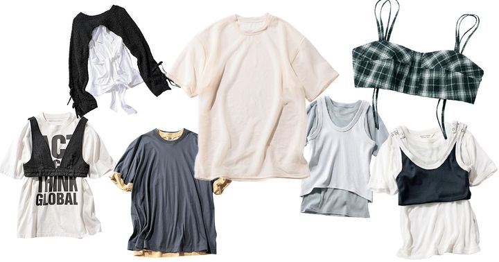 シアーTシャツやTシャツとビスチェやタンクとのレイヤード