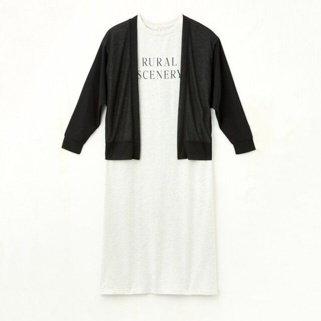 しまむらのフレンチスリーブワンピースとカーディガンのアンサンブル