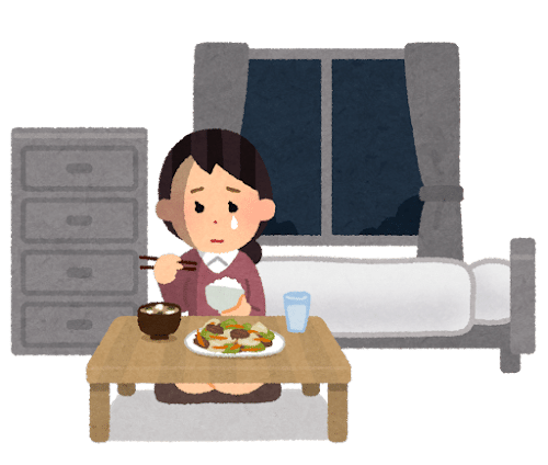 泣きながらご飯を食べる人のイラスト（女性）