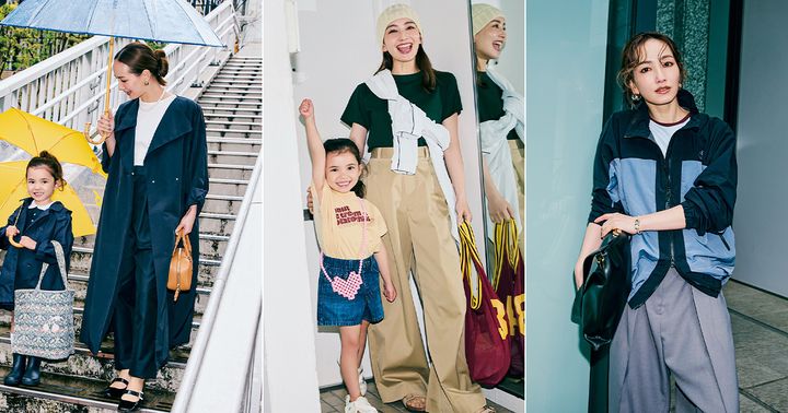 レインコートを着た送迎コーデとTシャツとチノパンにアウターを襷掛けしたコーデとTシャツとスラックスにトラックジャケットを羽織ったコーデ