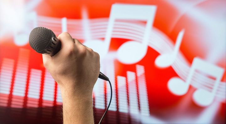 カラオケの画面の前でマイクを握る手元