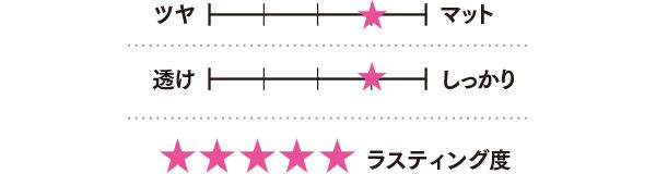 グラフ（質感、透け具合、ラスティング度）／ベルベット フィット リップ スティック 02