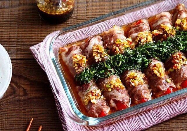 肉巻きトマトのピリ辛香味だれ