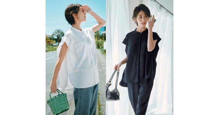 サテンブラウスとイージーパンツのセットアップ