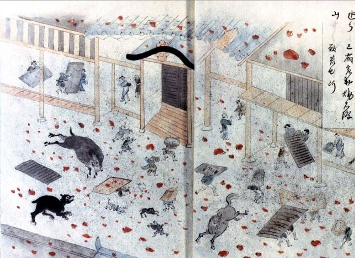 軽井沢宿において、降り注ぐ火山噴出物から逃げまどう人々、『浅間山焼昇之記』