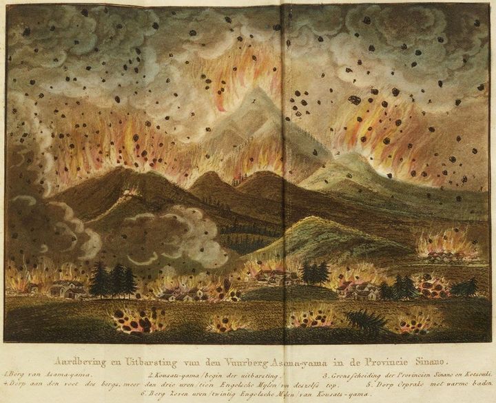 天明浅間山噴火を描いた絵図は、オランダ商館長によって『将軍列伝』（1820）の挿絵としてヨーロッパにも紹介された