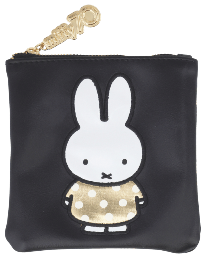 SHOBIDO スクエアポーチ ゴールドのドットのドレスを纏ったミッフィー＆ファスナー引き手の「miffy70」がお祝いムードたっぷりのスクエアポーチ。1980円（粧美堂）
