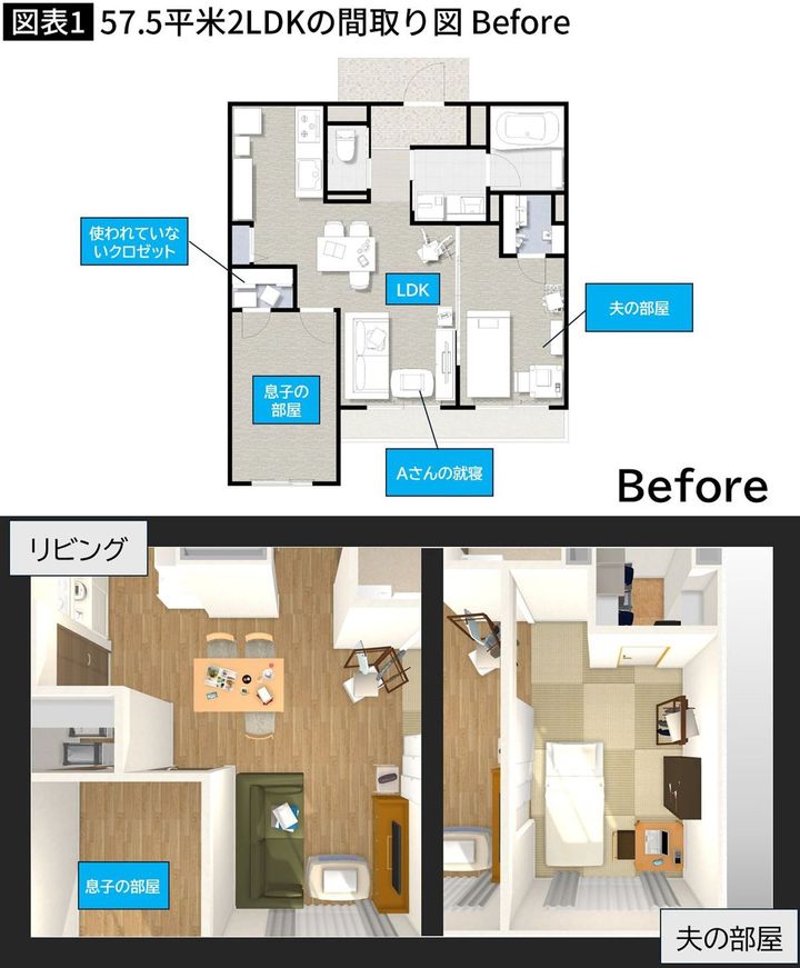 【図表】57.5平米2LDKの間取り図 Before