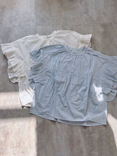 coca ガーゼ袖フリルブラウス WHITE LT.BLUE