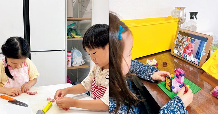 子ども向けお料理教室で料理する女の子と男の子とオンラインレッスンを受ける女の子