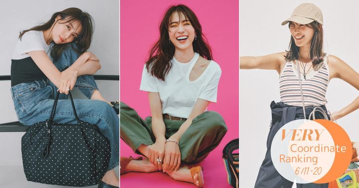 重ね着風Tシャツとデニムにドット柄トートを持った笹川友里さんと穴あきTシャツとカーキパンツを穿いた笹川友里さんとボーダーキャミソールに腰巻したジャンプスーツを着た咲和希さん