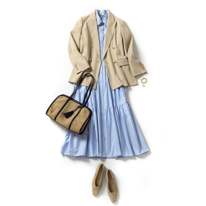 ワンピース4万8400円（デボーションツインズ／ノウン） ジャケット3万8500円（アルページュストーリー／アルページュストーリー プレスルーム） バッグ4万2900円（オルステロ／オルサ） シューズ2万900円（オゥバニスター／アバハウス インターナショナル オンラインストア） ブレスレット9万3500円（スキャット／ロードス） リング8万8000円（ピモンテ）