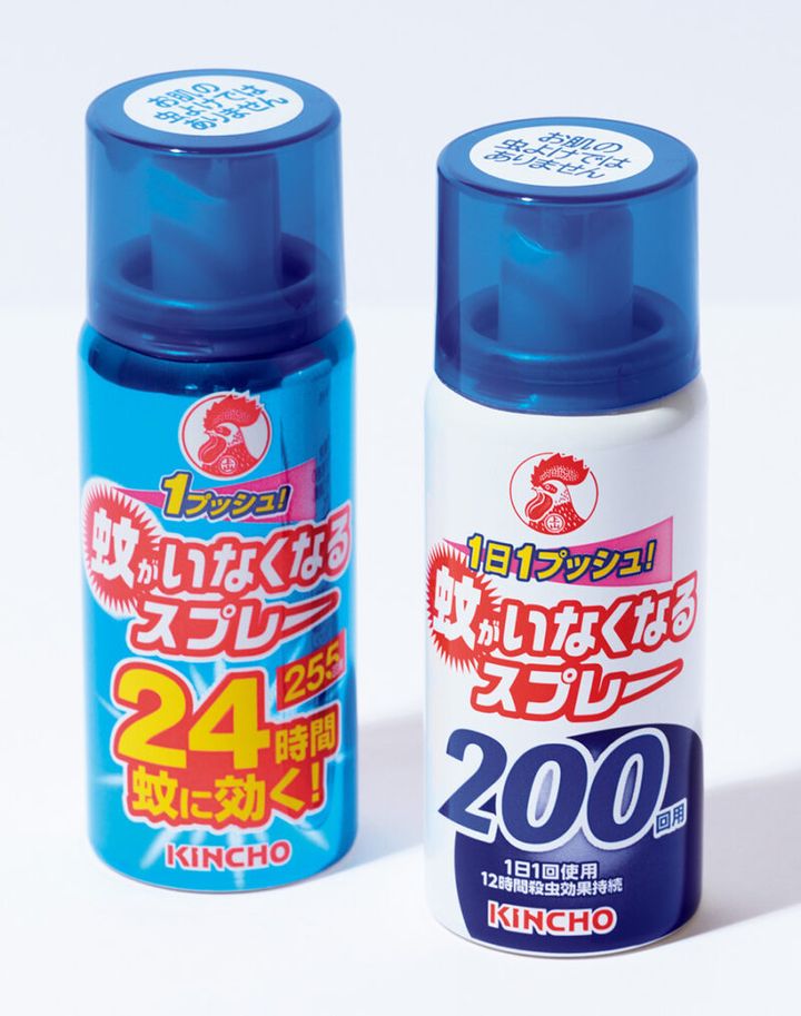 蚊がいなくなるスプレー（255回 24時間用）￥1,680、￥1,280（200回 12時間用）（ともに編集部調べ）ともにKINCHOお客様相談室※防除用医薬部外品。直射日光のあたる場所、40℃以上になる場所、夏場の車中での保管はNG