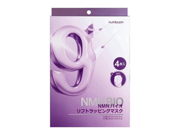 「付属のフェイスバンドで引き上げながらのケアがユニーク」。ナンバーズイン 9番 NMN バイオリフトラッピングマスク 4枚入 1250円（BENOW）