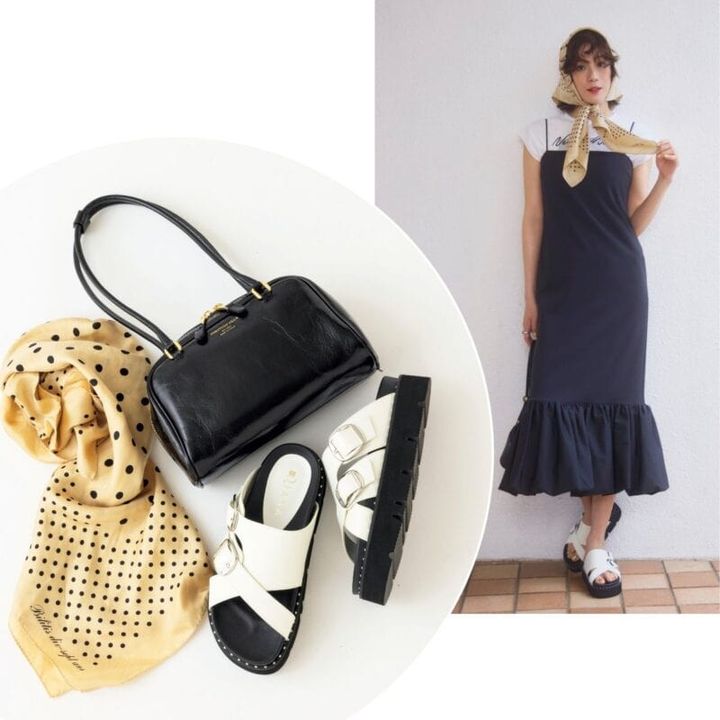 ワンピース4万1800円（ウィム ガゼット／ウィム ガゼット ルミネ新宿店） Tシャツ1万3200円（スリードッツ／スリードッツ表参道店） スカーフ1万9800円（ビリティス・ディセッタン／ビリティス） バッグ3万5200円（クリスチャンヴィラ／ピモンテ） サンダル1万8150円（ダイアナ／ダイアナ銀座本店） リング9万9000円（マリハ）