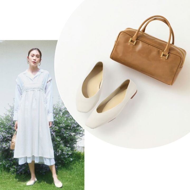 ワンピース5万9400円（イコールメント） バッグ3万9600円（マウリツィオ タユーティ／ピモンテ） シューズ2万5300円（ピモンテ） ピアス9900円（jewel tree／ロードス） リング3万800円（ピモンテ）