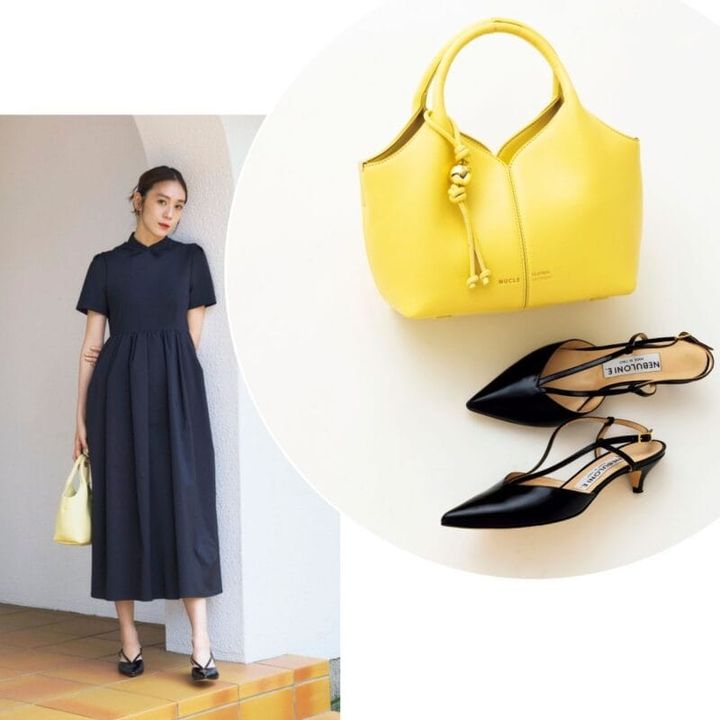 ワンピース6万9300円（サードマガジン） バッグ1万7600円（ヌクル／シップス インフォメーションセンター） パンプス5万9400円（ネブローニ／ピモンテ） ピアス7700円（YArKA／ロードス）