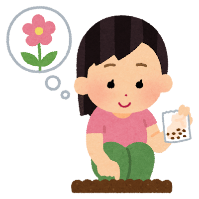 花の種を植えている女の子のイラスト（ガーデニング）