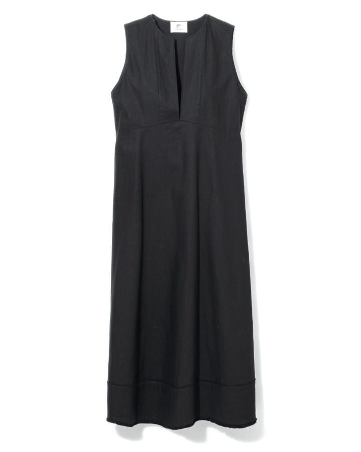 【1er Arrondissementのリネンコットンワンピ】深Vでさらに縦ラインを強調。快適なリネンコットン。3万6300円（プルミエ アロンディスモン）