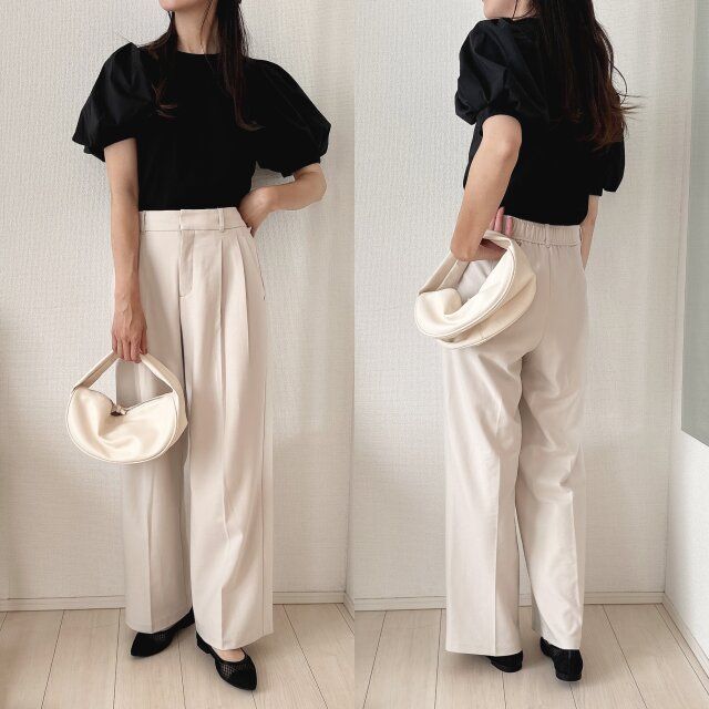 タックワイドパンツできれいめに