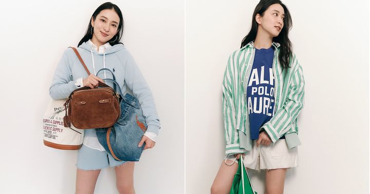 ラルフの水色のスウェットのセットアップを着てバッグを３つ抱える武井咲さんとラルフのロゴTシャツとショートパンツにストライプシャツ2枚をレイヤードしたスタイルの武井咲さん