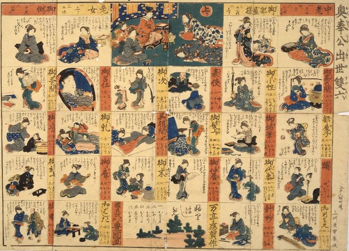 奥奉公出世双六 万亭応賀作、歌川国貞（三代豊国）筆 