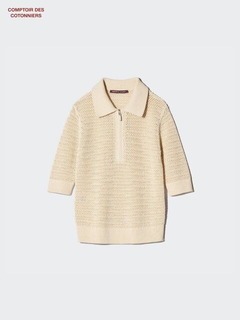 ユニクロのコットンオープンワークジップポロセーター