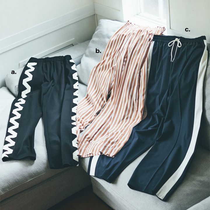 ヘリンドットサイのサイドデザインパンツとルサナのストライプパンツとミラオーウェンのラインパンツ