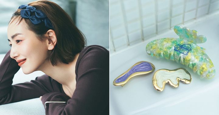 ジェニファーオーレットのデニム生地のリボンカチューシャをした辻元舞さんとポテテのヘアクリップ