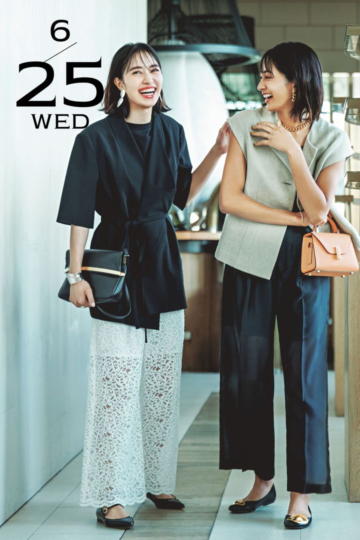 白のレースパンツに五分袖ジャケットを合わせたコーデとシアーパンツとタンクとベストを合わせたコーデ