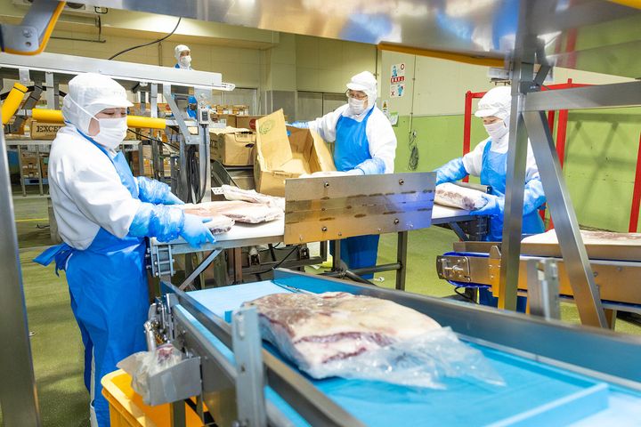 開封される北米産牛肉。