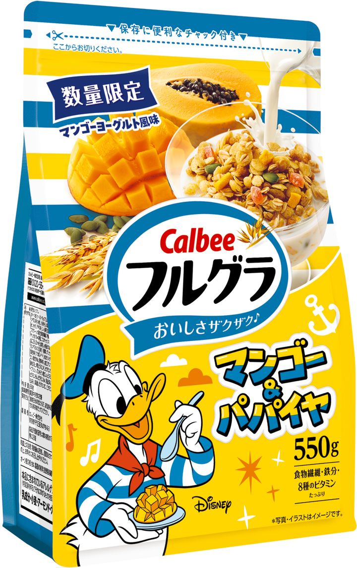 カルビー「フルグラ マンゴー＆パパイヤ」ディズニー「ドナルドダック」パッケージ