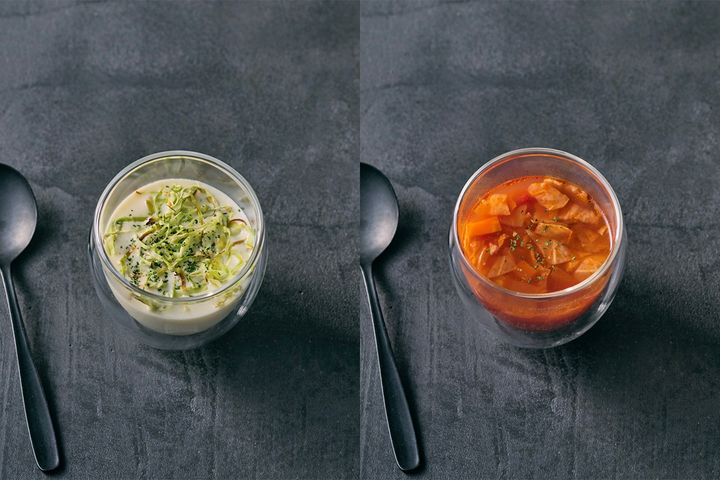 「キャベツのポタージュ」600円、「ミネストローネ」500円