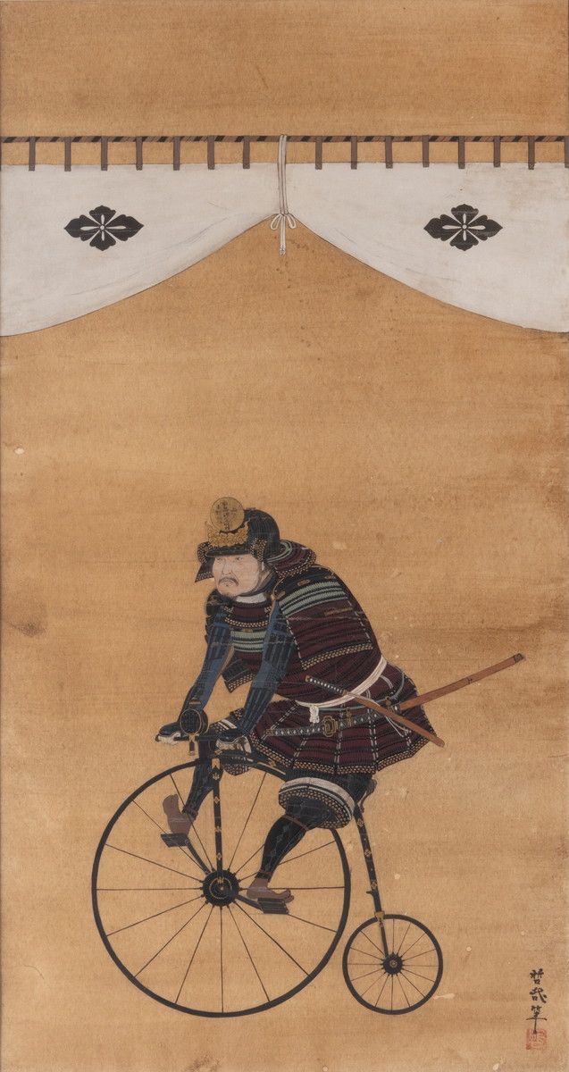 《甲冑武⼈⾃転⾞乗⾞出陣影》2008年 紙にアクリル彩⾊