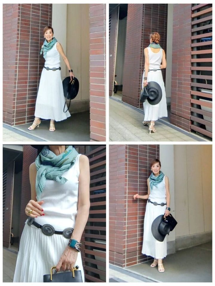 ハット／GU リブタンクトップ／UNIQLO ニットスカート／GU ベルト／SHEIN サンダル／VIVIAN ストール／UNITEDARROWS