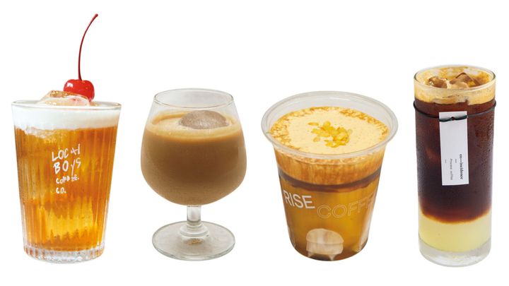 左からLocal Boys Coffee Co. Thonglorのドリンク、BRAVE ROASTERS Sathonのドリンク、RISE COFFEEのドリンク、co-incidence.process.coffeeのドリンク