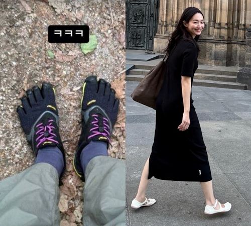 5本指シューズを披露したイ・ヒョリ（左）とシン・ミナ