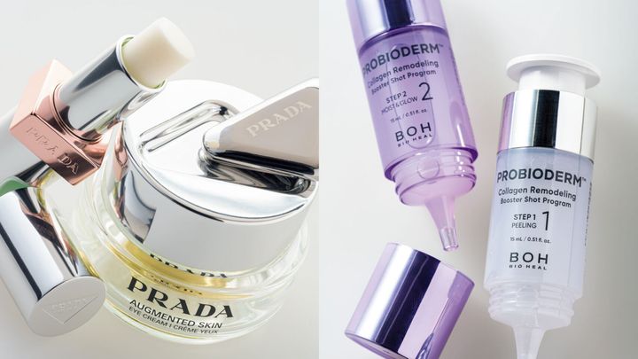 左からプラダ ライト グローイングリップバーム（U014）、オーグメンテッドスキン アイクリーム 20㎖、プロバイオダームコラーゲンリモデリングブースターショットプログラム 各15㎖