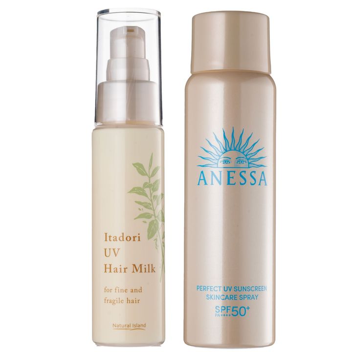 左から、ナチュラルアイランド イタドリUVヘアミルク、資生堂 アネッサ パーフェクトUVスキンケアスプレー NA