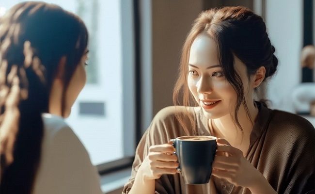 カフェで飲み物を飲む女性
