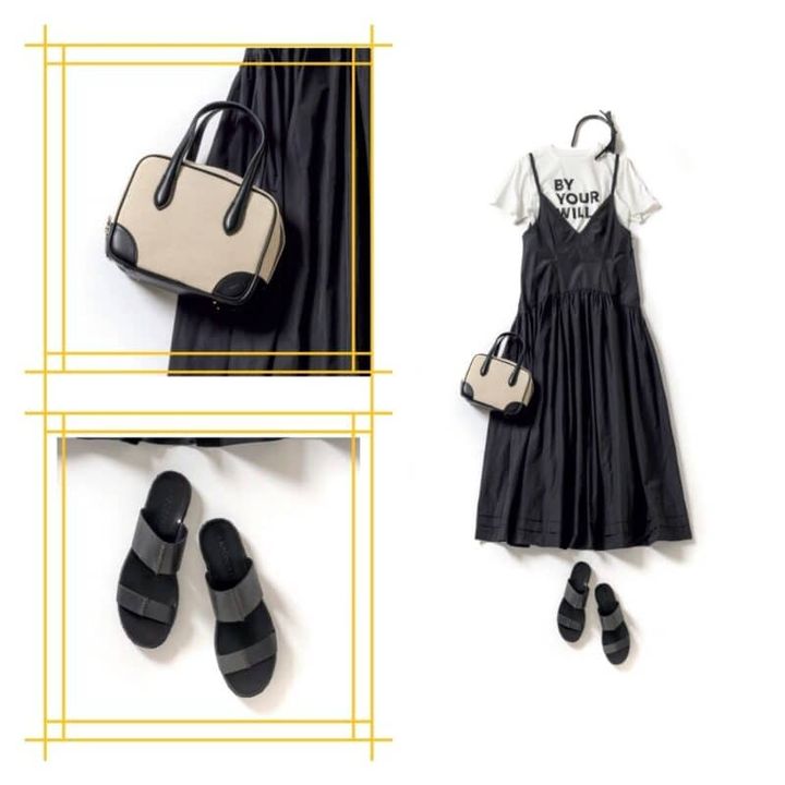 ワンピース2万4200円（メゾンスペシャル／メゾンスペシャル 青山店） Tシャツ3980円（オペーク ドット クリップ） バッグ4万4000円（ヴァジック／ヴァジックジャパン） サンダル2万6400円（ラオコンテ／フラッパーズ） カチューシャ1万4300円（ジェニファー オーレット／ロンハーマン）