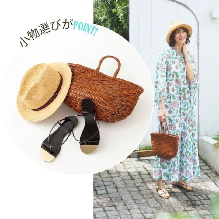 ワンピース4万5100円（エスゼット ブロック プリント／リトルリーグ インク） ハット5万1700円（ボロサリーノ／中央帽子） バッグ6万9300円（ドラゴン ディフュージョン） サンダル2万8600円（ラオコンテ／フラッパーズ） バングル2万900円（スティールジュニック） リング2万2000円（tsugumi iwamoto／ともにロードス）