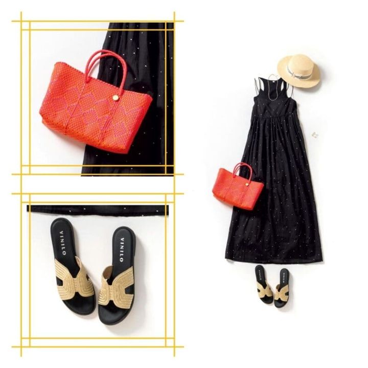 ワンピース1万9800円（ルージュ・ヴィフ アンナ／アバハウスインターナショナル オンラインストア） タンクトップ1万7600円（ハクジ／ショールームリンクス） ハット2万2000円（ステットソン／ステットソン ジャパン） かごバッグ7700円（レトラ／サロン アダム エ ロペ） サンダル1万4300円（ヴィニロ／エリオポール代官山） ネックレス1万3200円（gramii／ロードス） リング30万6900円、ブルークリア石リング19万9100円（ともにマリハ）