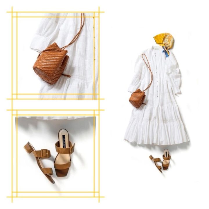 ワンピース6万500円（カオス／カオス表参道） バッグ5万600円（ドラゴン ディフュージョン） サンダル2万900円（タラント by ダイアナ／ダイアナ 銀座本店） スカーフ2万4200円（マンテロ／シップス インフォメーションセンター） リング7万7000円（Moixx／ロードス）