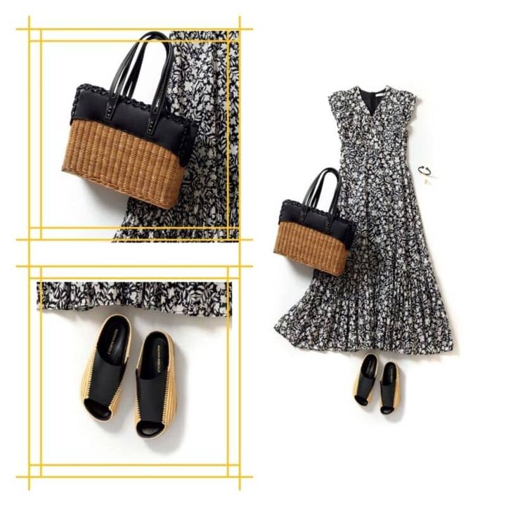 ワンピース4万8400円（マリハ） バッグ4万9500円（ア バケーション／ロンハーマン） サンダル6万8000円（パロマ バルセロ／アマン） バングル2万5300円（ポリーナ フィレンツェ／ピモンテ） リング1万7600円（tsugumi iwamoto／ロードス）