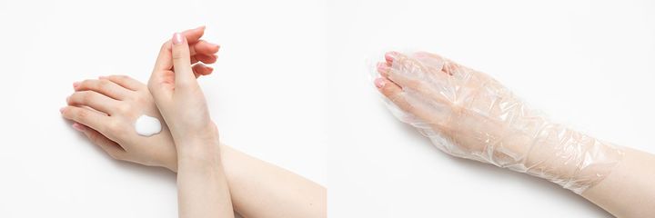 ２：シートマスクを手の甲に貼ってラップで密閉