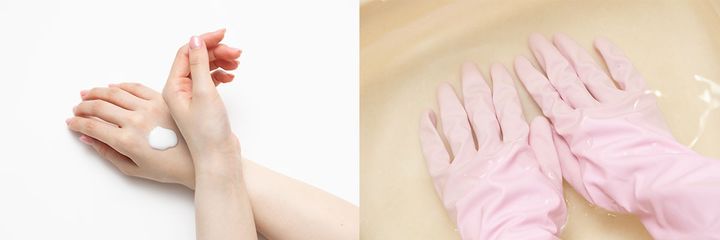 ３：乳液をつけてゴム手袋をつけたまま熱いお湯に10分程度つける